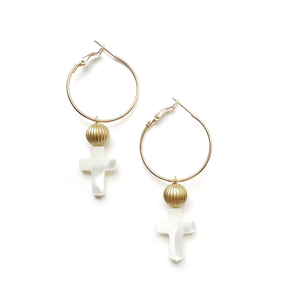 Thumbnail: Religious cross mother of pearl statement hoop earrings