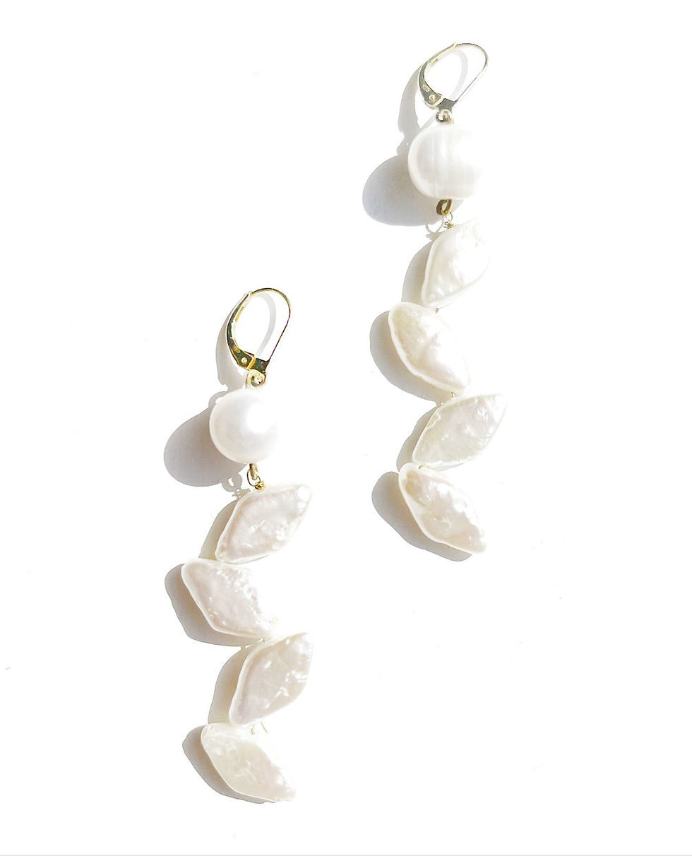 Thumbnail: Elegant white freshwater pearl dangle and drop statement earrings, modern pearl 