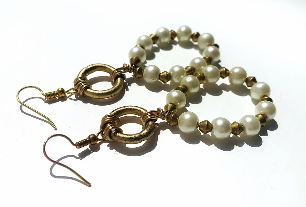 Thumbnail: Statement geometric faux white pearl dangle earrings