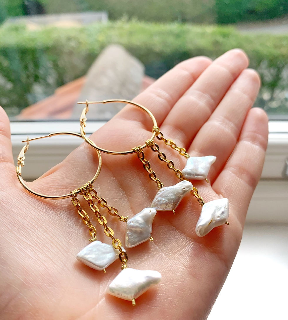 Thumbnail: White pearl diamond shaped gold plated statement hoop earrings  