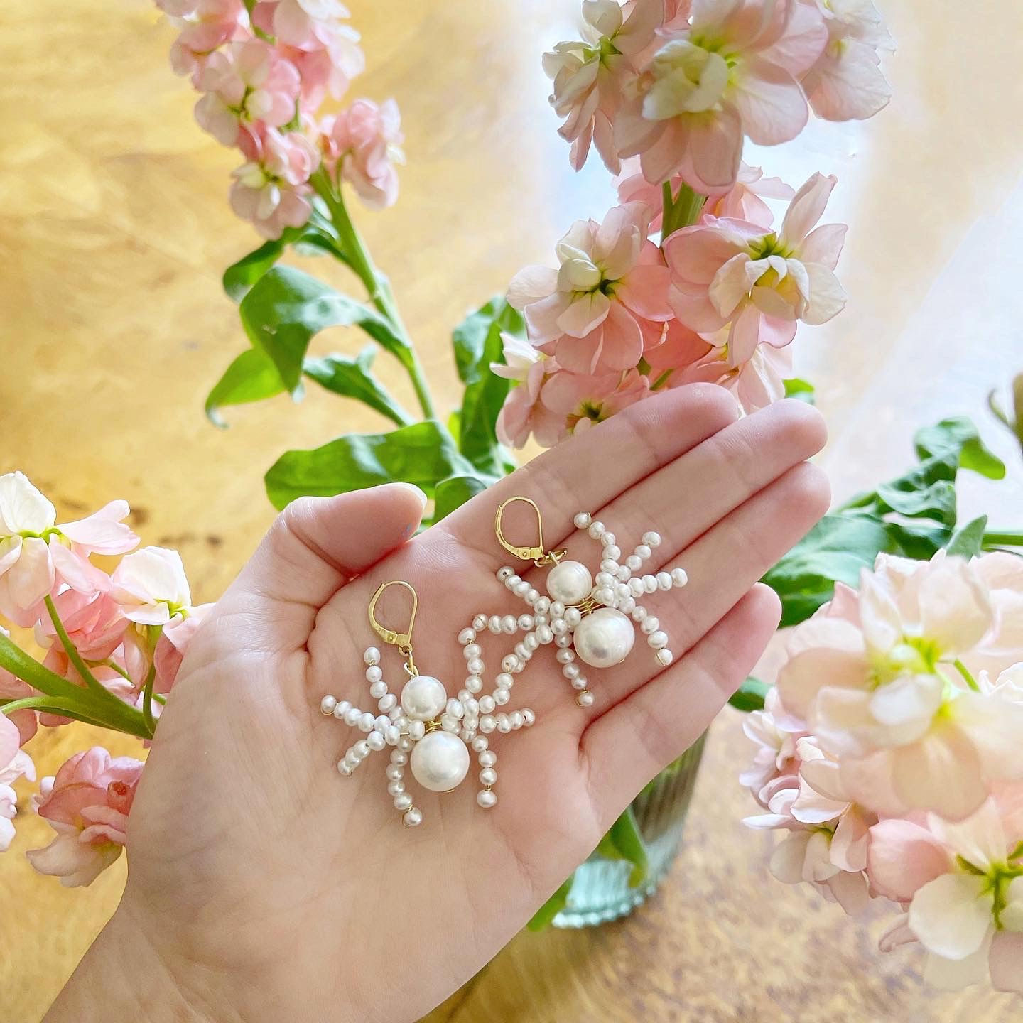 Spider earrings, white freshwater pearl spider dangle earrings