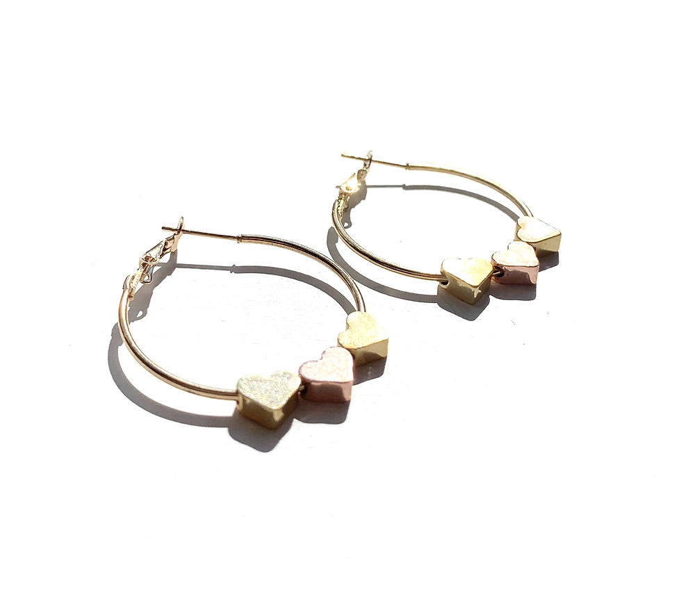 Thumbnail: Love heart hoop earrings with gold plated and rose gold plated beads