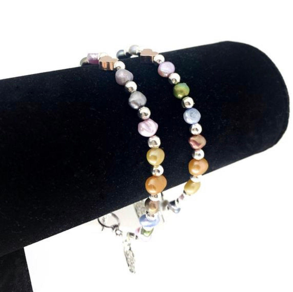 Thumbnail: Rainbow colourful dainty pearl bracelet with love heart charm