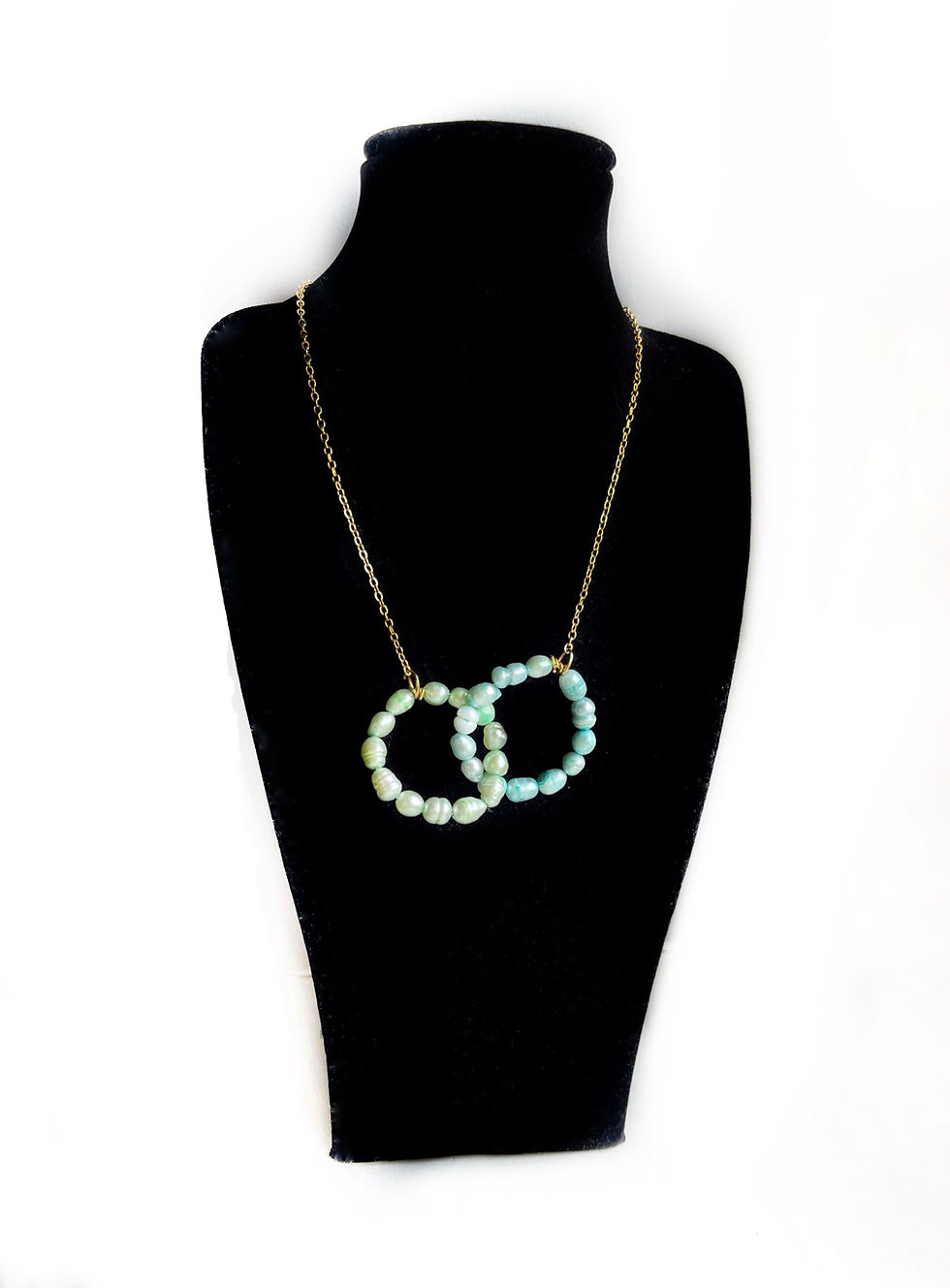 Thumbnail: Dainty green and blue freshwater pearl necklace with gold chain