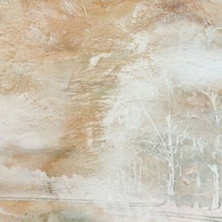 風景画・日本画・抽象的・白・平面作品・絵画・アート・芸術・植物・不思議・景色・もや・煙・霞・茶・オレンジ・カナル・水路