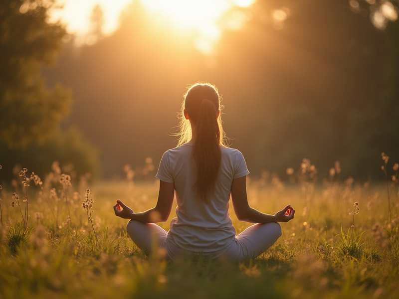 Woman sitting cross-legged in a meditative pose facing the setting sun over the Grand Canyon.