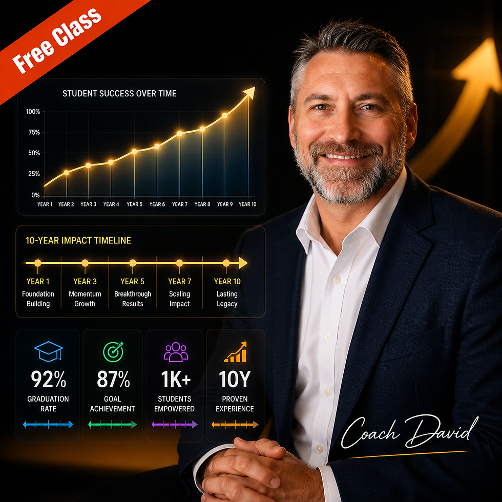 Empower yourself with Coach David's proven 10-year success strategy, showcasing a remarkable journey of student achievement and growth. Join his free class to learn how to build a lasting legacy.