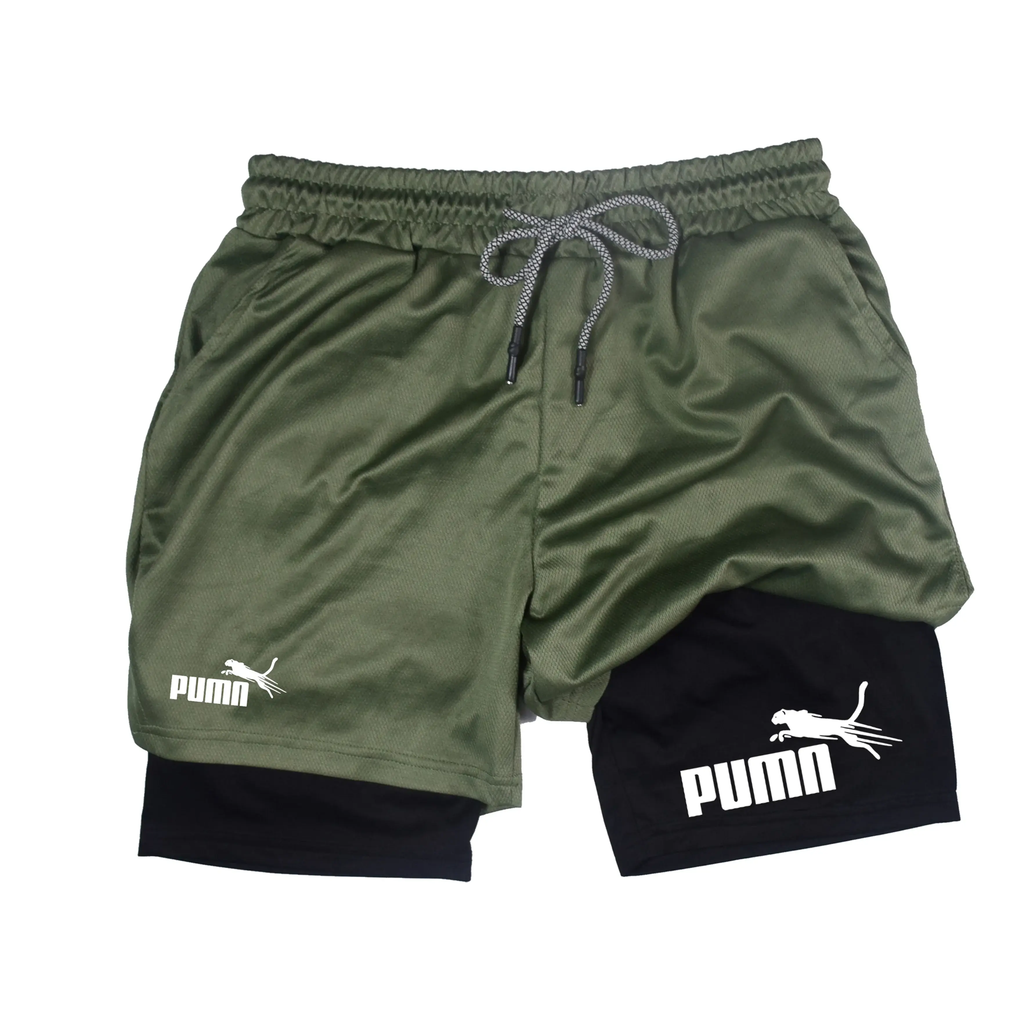 Bermuda Masculina de Duas Camadas Respirável de Verão com Short de Compressão