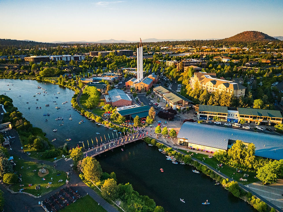 Aerial view of Old Mill District where Pick It Up, Bend! will take place.