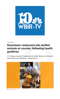WBIR Channel 10: Downtown restaurant sits stuffed animals at counter, following health guidelines