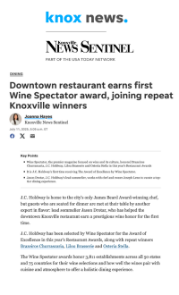 Knoxville News Sentinel: Downtown restaurant earns first Wine Spectator award, joins repeat Knoxville winners