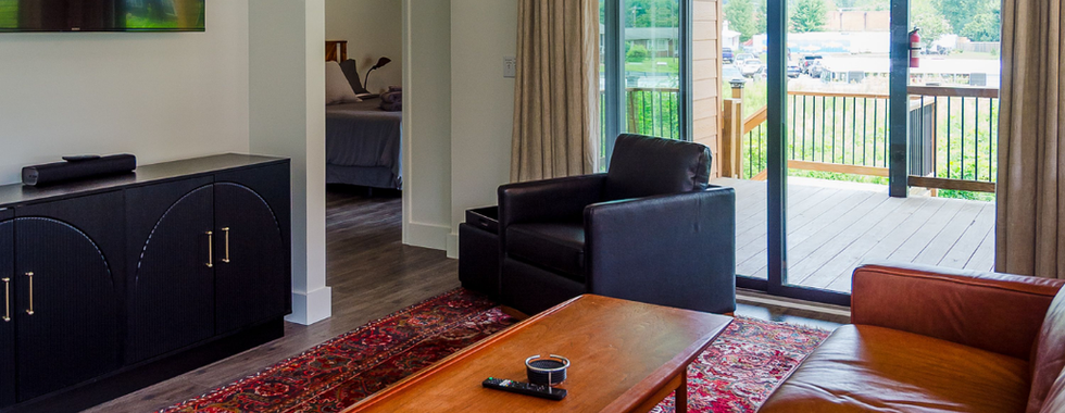 Living room and patio opening at Beach & Basecamp vacation rental in Old Fort North Carolina