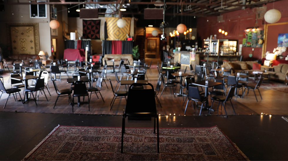 View from the stage at White Horse Black Mountain, showing cozy seating, soft lighting, and a welcoming space ready for a live show.