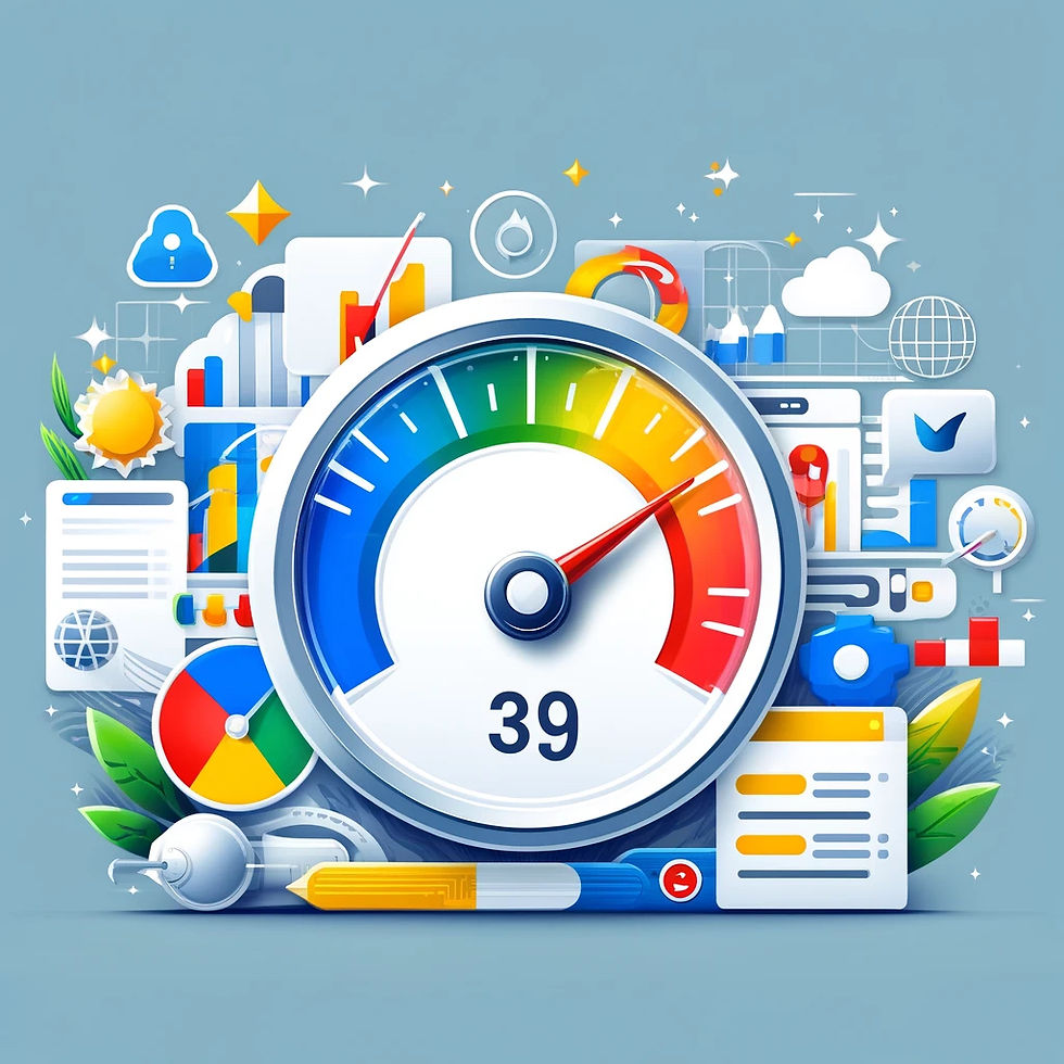 featuring a modern design with speedometers, charts, and web-related icons like HTML tags, a browser window, and a magnifying glass