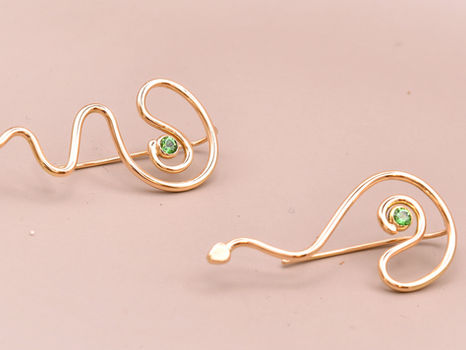 18k Yellow Gold earrings snake inspired with green tsarovit gemstones