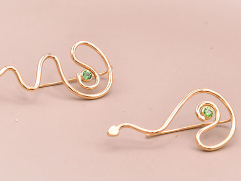 18k Yellow Gold earrings snake inspired with green tsarovit gemstones