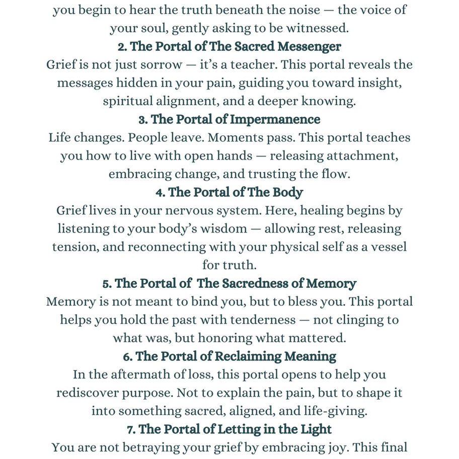Illustration of the seven Portals of Healing—Stillness, the Sacred Messenger, the Body, Impermanence, Memory, Reclaiming Mean