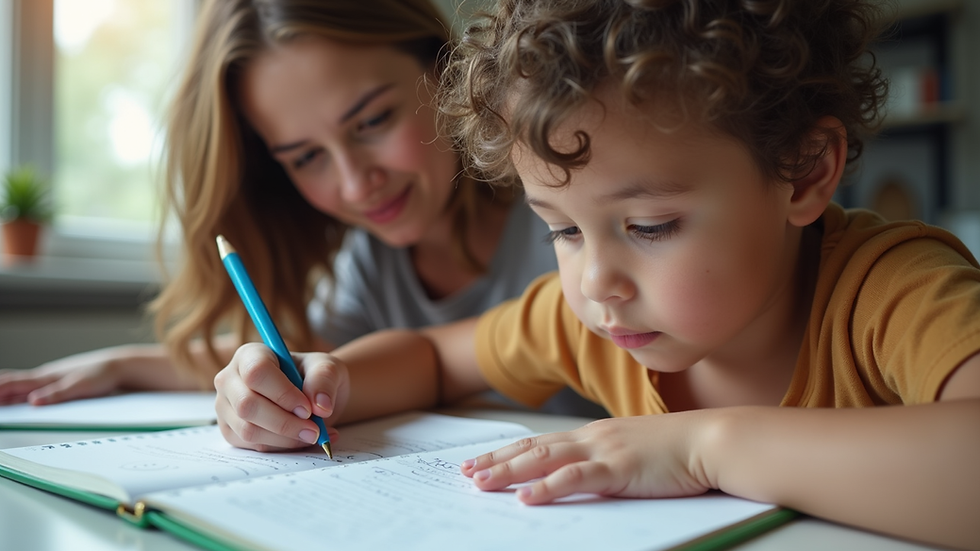 Close-up view of a parent and child working on a homework assignment together