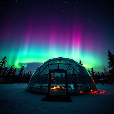 Glass igloo under vibrant aurora borealis with a cozy campfire at night.
