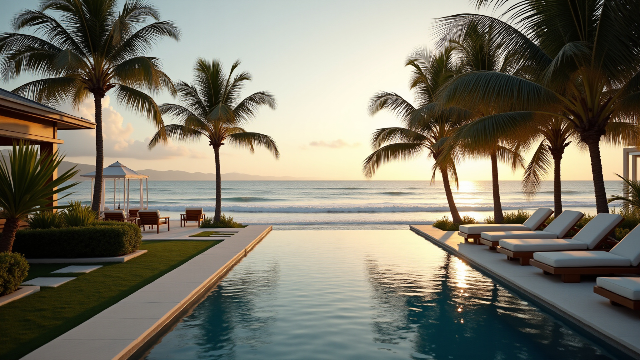 Infinity pool overlooking the ocean at sunset with palm trees