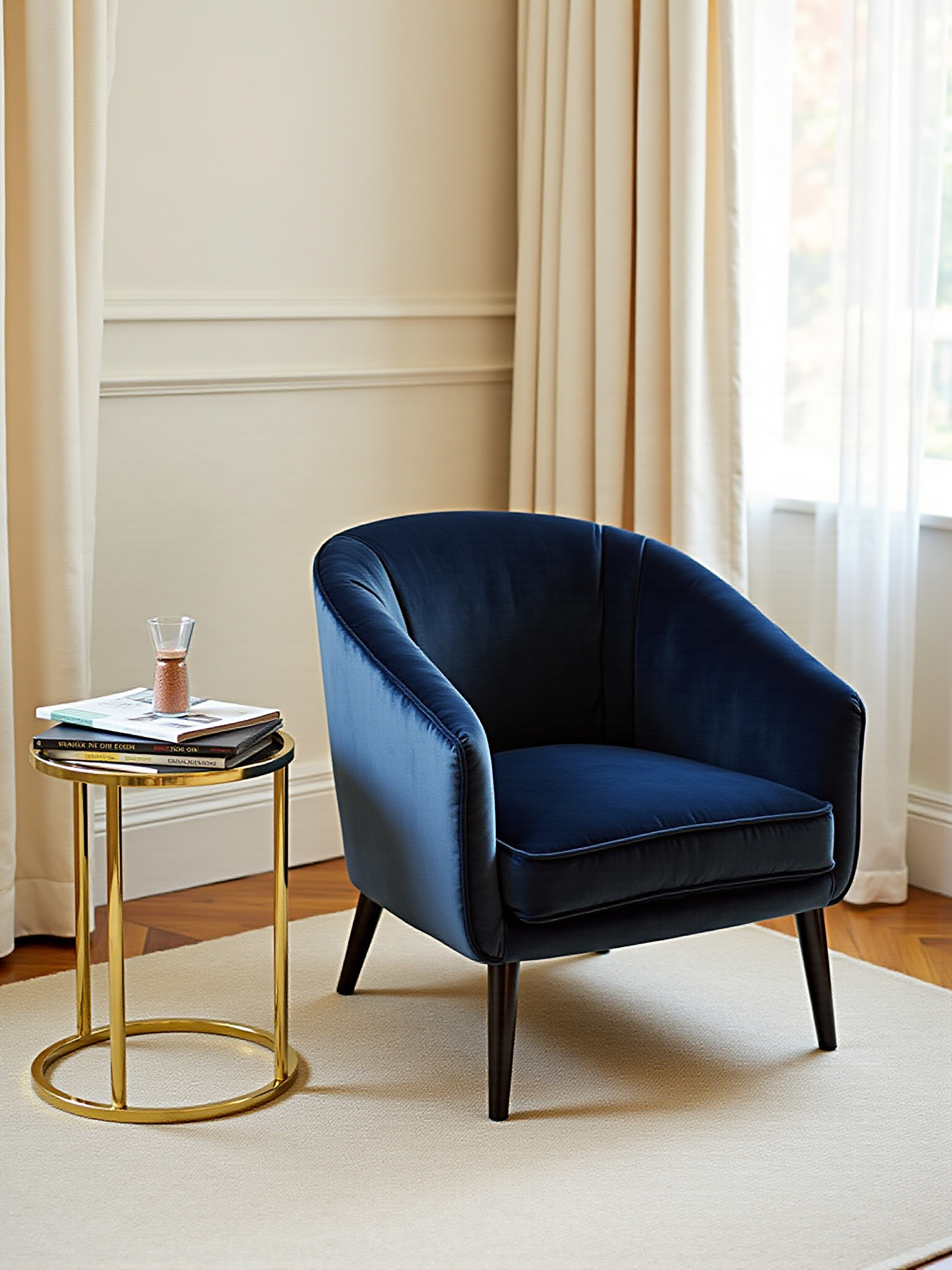Stylish navy blue armchair, small side table, and a bright window