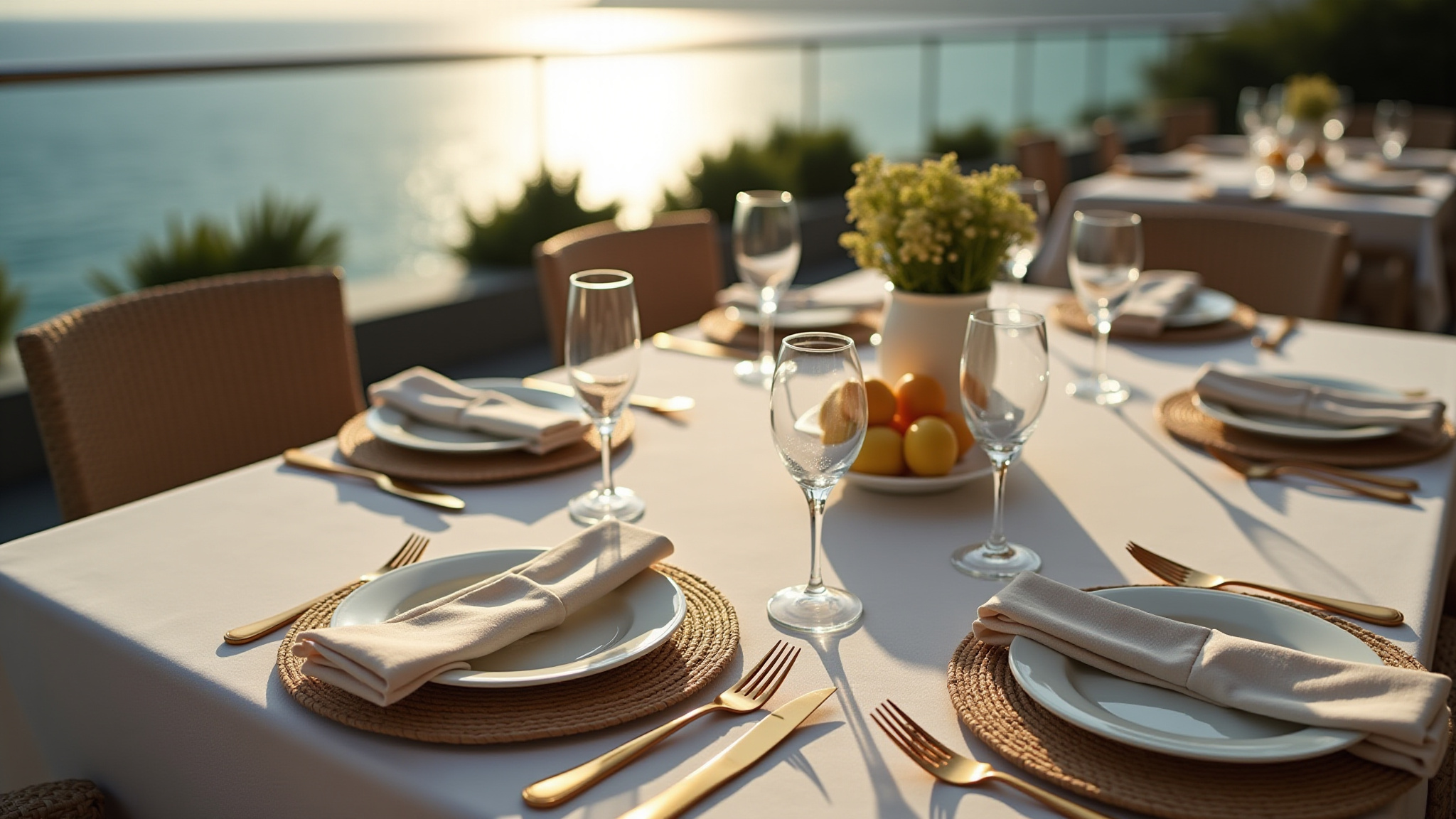 Table set for dinner with plates, glasses, and oranges
