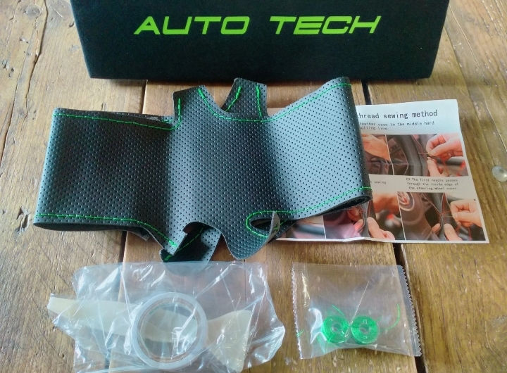 Thumbnail: Transporter Caddy Steering Wheel Cover Black Leather Green Stitch 