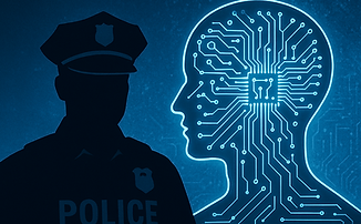The silhouette of a police officer next to the outline of a human head that is powered by a computer chip (to represent AI)