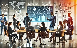 a group inside a room evaluating data
