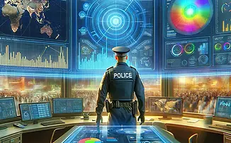 A police officer standing in a room full of technology