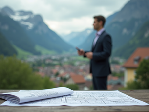Person vor Schweizer Stadt- oder Bergkulisse betrachtet Dokumente, Waage mit CHF und Euro, sowie Stadtplan. Symbolisiert Auseinandersetzung mit Bürokratie, Finanzen und Planung.