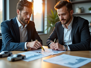 Gut gekleidetes Paar sitzt an modernem Tisch mit Laptop und Stift, vergleicht Kosten für Autonutzung (kleiner Modellwagen auf Dokumentenstapel) mit einem Abonnement (simulierte Fahrkarte), fokussiert auf ein Kostenvergleichsdiagramm auf dem Bildschirm.