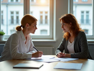 Fotorealistische Beratungsszene: Beraterin zeigt mit Stift auf neutrale Dokumente für Klienten mit sorgenvoll-hoffnungsvollem Blick, modernes Büroambiente mit Blick auf eine verschwommene Stadtansicht.