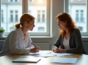 Fotorealistische Beratungsszene: Beraterin zeigt mit Stift auf neutrale Dokumente für Klienten mit sorgenvoll-hoffnungsvollem Blick, modernes Büroambiente mit Blick auf eine verschwommene Stadtansicht.