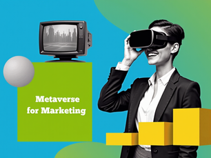 Collage-Illustration im Retro-Stil: Frau mit VR-Headset, blauer Hintergrund, grauer Blob, grünes Rechteck mit 'Metaverse for Marketing', CRT-Monitor mit 3D-Stadt, gelbe Stufen.