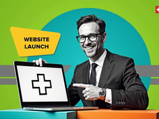Collage-Illustration: Schweizer Geschäftsmann zeigt auf Laptop mit Wireframe. Grosser blauer Kreis mit Schweizer Kreuz, gelbes Element mit 'WEBSITE LAUNCH'. Vintage Monitor mit Vorhängeschloss, gestreifter Hintergrund und farbige Blöcke. Grüner, blauer, schwarzer, gelber, grauer Akzent.
