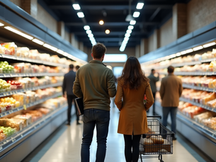 Junges Paar im Schweizer Supermarkt, einer schaut nachdenklich auf Preise, der andere legt Produkte in den Einkaufswagen. Saubere, helle Umgebung.