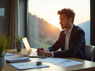 Junge, optimistische Person sitzt an einem modernen Schreibtisch in einer hellen Wohnung und plant Finanzen. Im Vordergrund liegen ein Schweizer Franken und Skizzen, im Hintergrund majestätische Schweizer Berge.