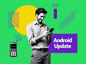 Collage-Illustration im Retro-Stil mit Person, die auf ein Smartphone mit Android-Logo schaut. Grüner Hintergrund, geometrische Formen, Vintage-Handy und Update-Schriftzug.