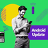 Collage-Illustration im Retro-Stil mit Person, die auf ein Smartphone mit Android-Logo schaut. Grüner Hintergrund, geometrische Formen, Vintage-Handy und Update-Schriftzug.