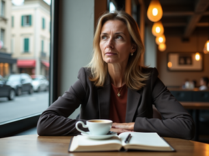 Fotorealistisches Porträt einer nachdenklichen Person mittleren Alters in einem lichtdurchfluteten Schweizer Café, die ihren leeren Notizblock und Kaffee betrachtet.