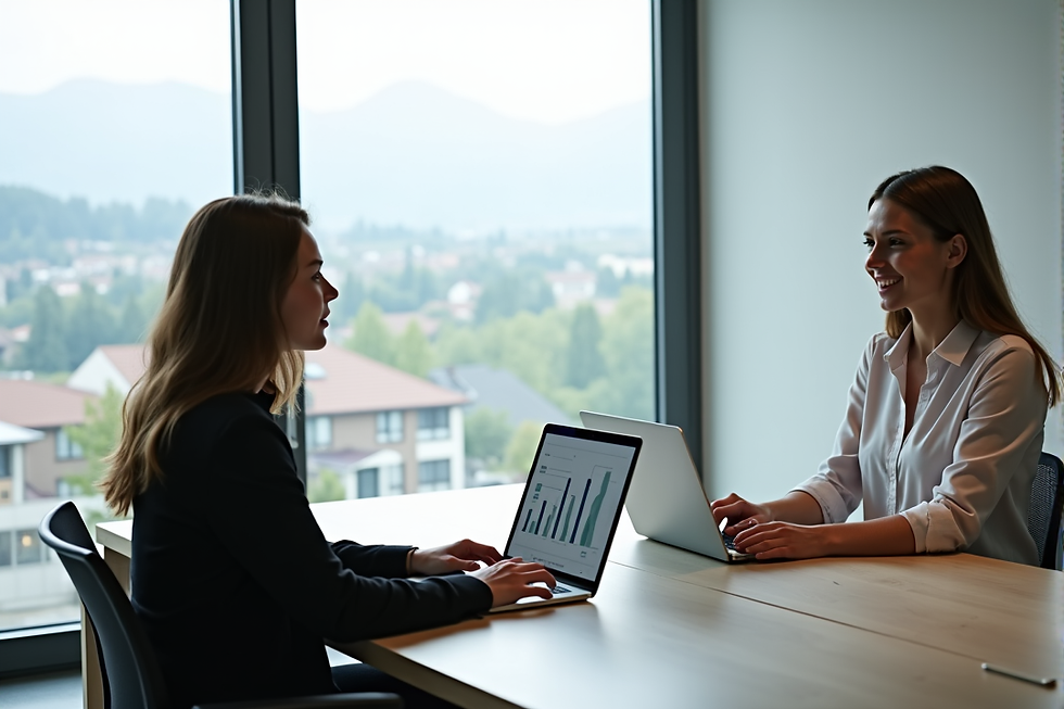 Zwei Personen beraten sich an einem modernen Konferenztisch: Eine optimistische Person blickt nach vorne, während die Beraterin auf positive Finanzdiagramme auf einem Tablet zeigt. Im Hintergrund ist eine moderne Schweizer Stadtlandschaft sichtbar.