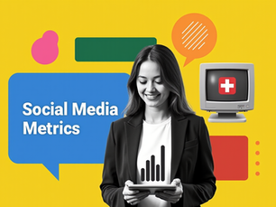 Collage-Stil Illustration im modernen Retro-Ad-Look. Schwarz-Weiß-Foto einer lächelnden Geschäftsfrau mit Tablet und Balkendiagramm. Geometrische Formen: blauer Rechteck mit Aufschrift ‘Social Media Metrics‘, pinke organische Form. CRT-Monitor mit Schweizer Flagge, diagonale grüne Streifen, rote Treppenblöcke. Farben: Gelb, Blau, Pink, Grün, Rot, Schwarz.