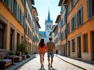 Fotorealistische Ansicht der Genfer Altstadt mit einem jungen Paar in einer malerischen Gasse; Petersdom im Hintergrund und Jet d’Eau am Himmel.