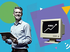 Eine Collage mit einem Mann im Hemd mit Tablet in der Hand und einem Monitor auf dem KMU steht