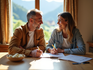 Ein glückliches Paar sitzt an einem modernen Holztisch in einem hellen Schweizer Apartment und zeichnet gemeinsam Skizzen in ein Notizbuch, vor einem Fenster mit Alpenblick.