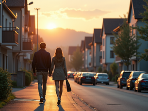 Fotorealistischer Kontrast Stadt vs. Agglomeration: Junge Person hastet in dichter Schweizer Innenstadt, während im Hintergrund eine andere Person entspannt vor einem Einfamilienhaus mit Blick auf grüne Hügel im Sonnenuntergang steht. Spaltendes Design symbolisiert die Wahl zwischen urbanem Stress und suburbaner Weite und Wohnqualität.