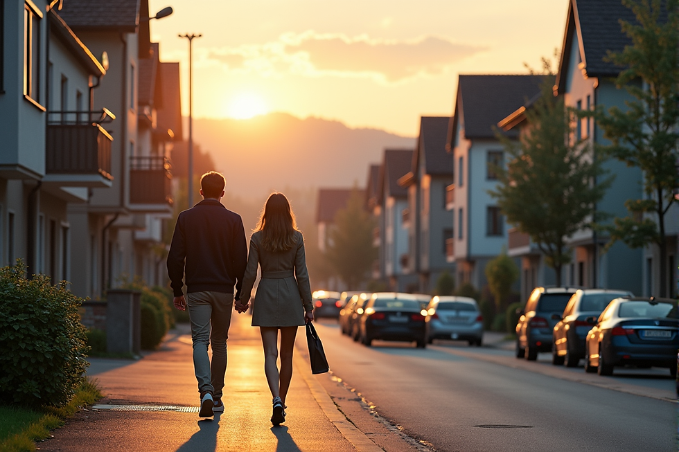Fotorealistischer Kontrast Stadt vs. Agglomeration: Junge Person hastet in dichter Schweizer Innenstadt, während im Hintergrund eine andere Person entspannt vor einem Einfamilienhaus mit Blick auf grüne Hügel im Sonnenuntergang steht. Spaltendes Design symbolisiert die Wahl zwischen urbanem Stress und suburbaner Weite und Wohnqualität.