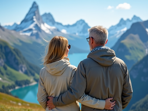 Ein Ehepaar mittleren Alters in leichter Outdoor-Kleidung steht auf einem Aussichtspunkt in den Schweizer Alpen, blickt gemeinsam lächelnd auf die majestätische Berglandschaft mit schneebedeckten Gipfeln und Bergseen unter blauem Himmel. Die Frau hält eine Kamera, der Mann umarmt sie.