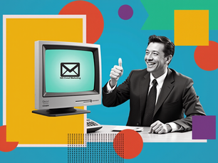 Collage-Illustration im Stil moderner Retro-Werbung mit Schwarz-Weiß-Foto eines Businessprofis am Schreibtisch mit CRT-Monitor, der den Daumen hoch streckt. Im Hintergrund auf blauem Grund gelbes Rechteck mit '2025 B2B Email Marketing', rote organische Formen, grüne diagonalen Linien, lila Stufenblöcke und schwarzes Punktraster.